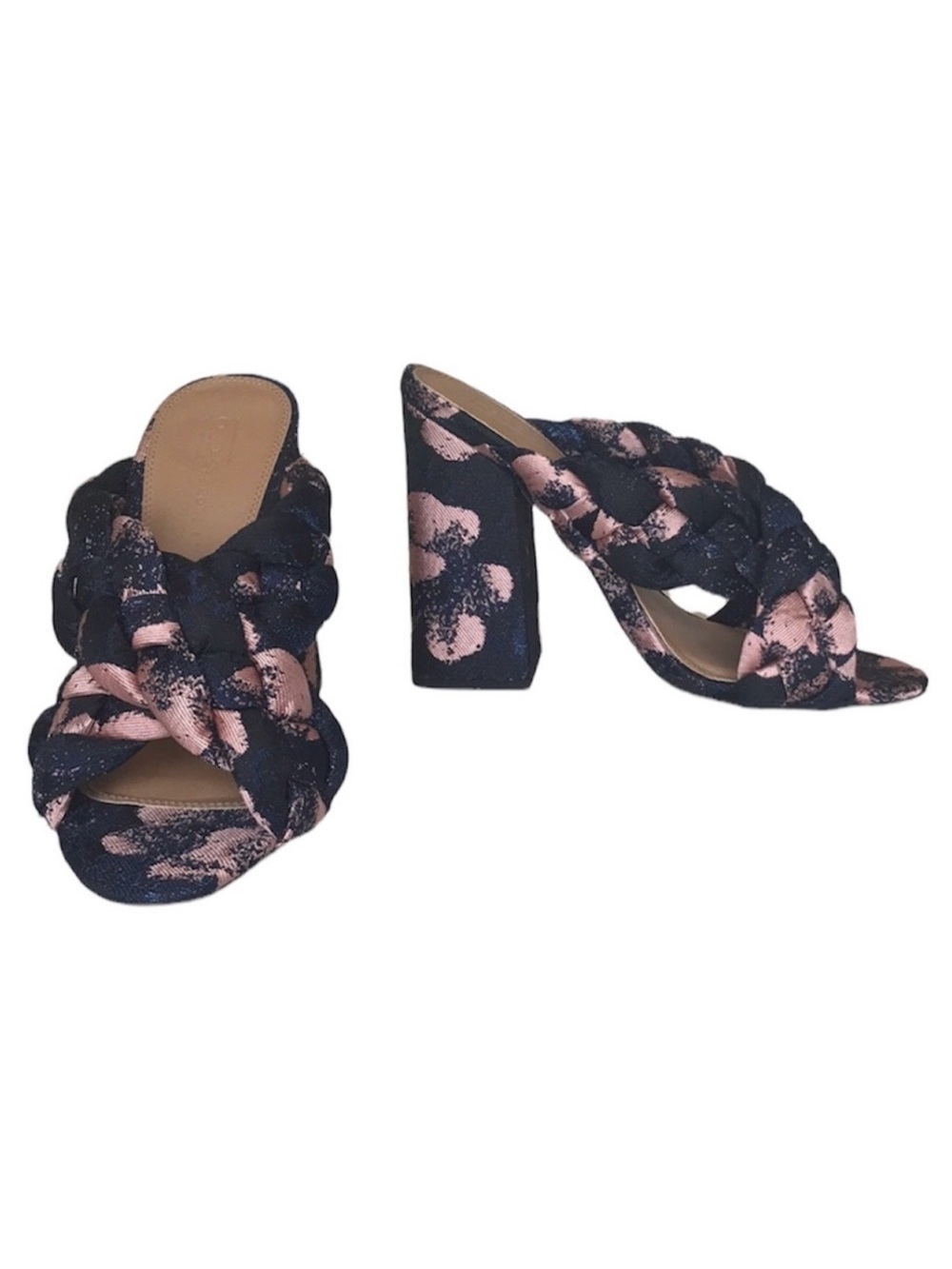 asos Braided Fabric Chunky Block Heel Mule Sandals Blue and Pink Size UK 5 US 7